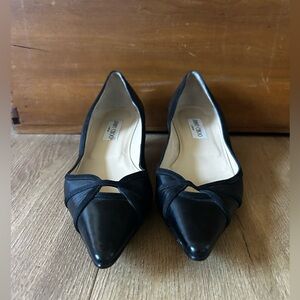 Jimmy Choo black leather pointed-tie kitten heel